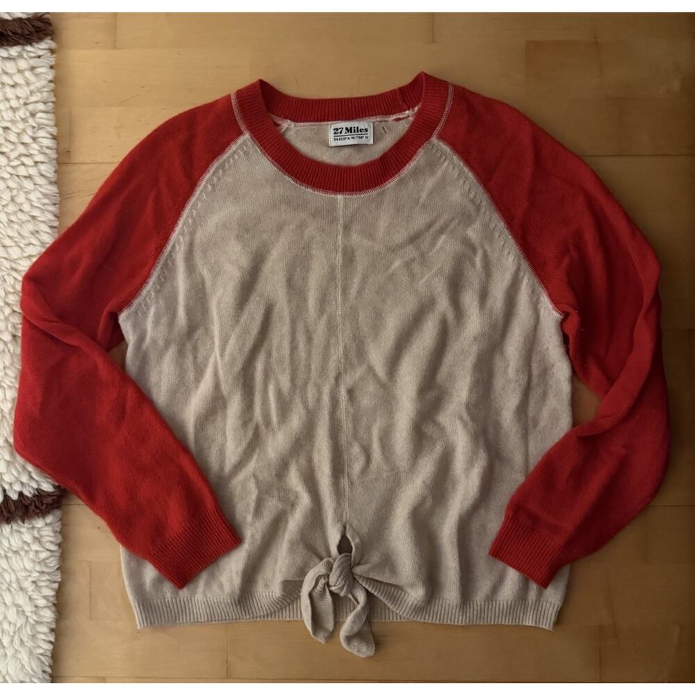 27 Miles Cashmere Baseball Tie Front Raglan Sweater Red Tan M